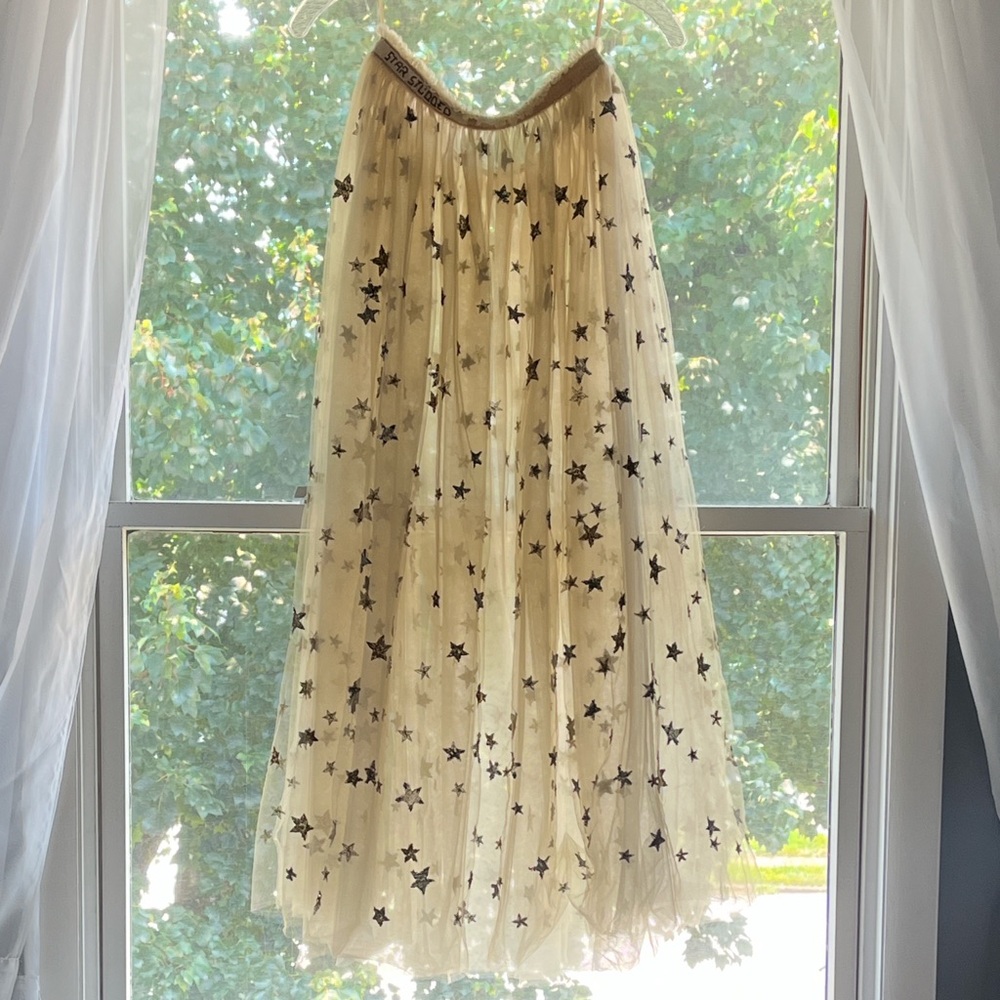 Valentino Cream STAR STUDDED Long Tulle Skirt With Sequin Star Appliqués